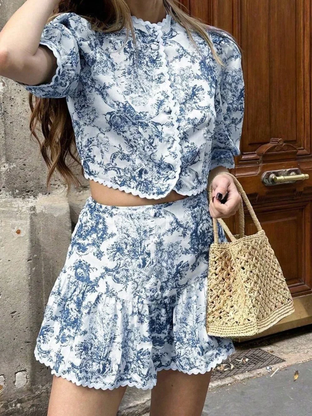 Blue Casual Women's Vacation All-Over Print Puff Sleeve Shirt & Mini Skirt Set